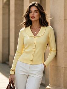 Women's Vintage Yellow Lapel Gold Button Cardigan, Long Sleeve Regular Fit, Suitable For Autumn/Winter - Yellow - View 5