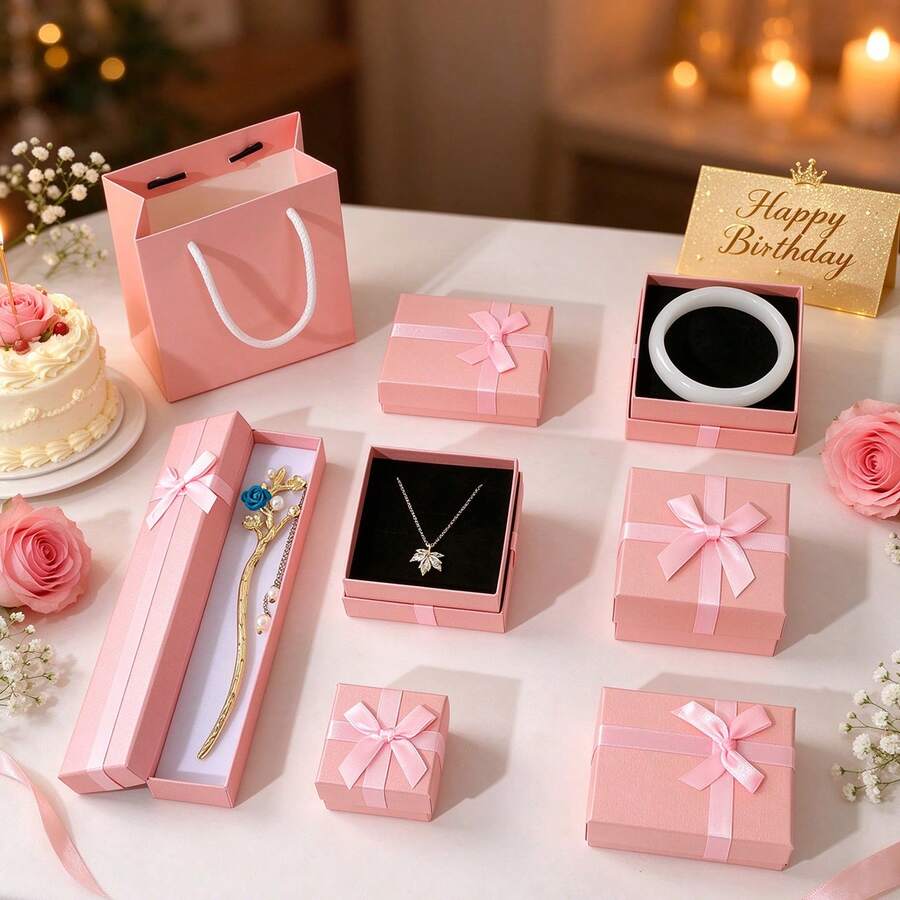 EIGIIS Pink Jewelry Gift Box Set With Bow, Lid And Base, 4 Sizes + Gift Bag, Ring, Necklace, Bracelet Storage Box, Jewelry Packaging - Pink - View 1