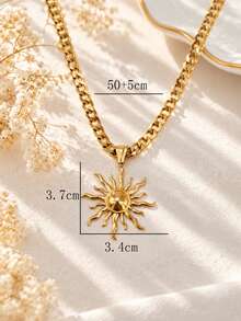 1pc Stainless Steel 18K Gold Plated Vintage Exaggerated Large Sun Hollow Threaded Face Design Necklace, Men's Elegant Minimalist Collarbone Chain - Yellow Gold - View 8