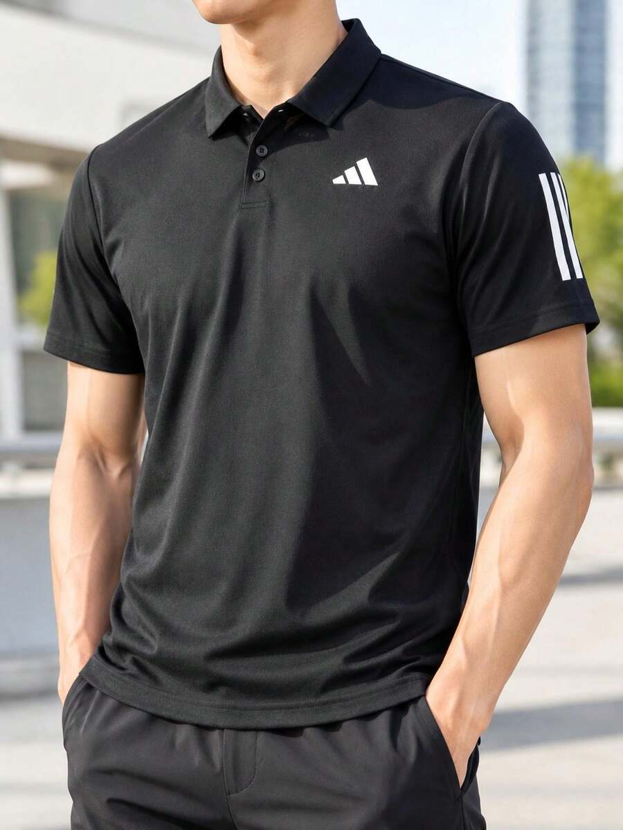 Adidas 男士宽松POLO衫,CLUB 3STR POLO,休闲运动短袖 - 黑色 - 查看 1