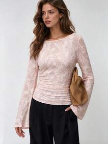 QUNGIGU Women Lace Boat Neck Top Jacquard Bell Sleeve Ruched Waist Blouse Romantic Shirts For Fall Winter Travel Going Out Dating - Pink - View 4