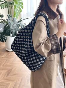 2026 Autumn New Fashion Plaid Tote Bag, Large Capacity Slouchy Women's Shoulder Underarm Bag - Black - View 4