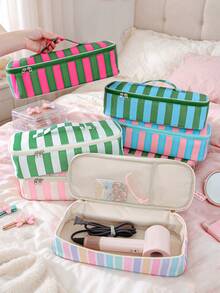 Colorful Striped Hair Tool Storage Bag With Mesh Pocket, Zippered Travel Portable Organizer For Hair Dryer/Curling Iron/Flat Iron, Vacation Travel - Multicolor - View 2