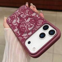 1pc Creative Acrylic Pattern Magnetic Wireless Charging Shockproof Phone Case Compatible With 17 16 15 14 13 12 11 Pro Max, Transparent Phone Protective Cover Waterproof Shockproof Scratch-Resistant - Burgundy + Lace Pattern - View 4