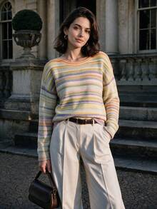 NiceArt Sweater Wanita Motif Garis-Garis Warna-warni dengan Bahu Jatuh, Campuran Wol, Gaya Vintage Elegan, Cocok untuk Pakaian Musim Gugur, Kantor, dan Acara Sosial - MultiWarna - View 2