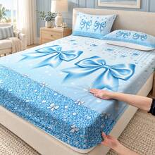 3pcs Ice Blue Large Bow Bed Sheet Set With Rhinestone, Heart, Star And Lace Print (1 Bed Sheet + 2 Pillowcases, Pillow Inserts Not Included) Comfortable And Breathable, Multiple Sizes Available, Suitable For Master Bedroom, Guest Room And More - Multicolor - View 1