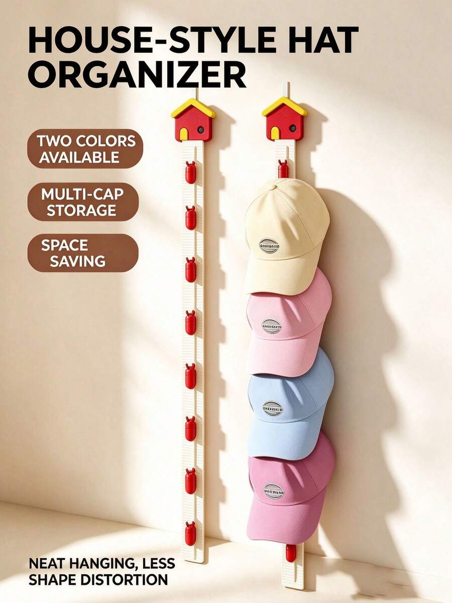 2 Colors Small House Shaped Wall Hat Storage Rack, 7 Hooks Baseball Cap Holder, Entryway Closet Bedroom Door Back Home Storage Organizer, Christmas Gift - Multicolor - View 1