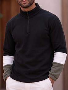 Men's Zipper Half-Placket Striped Colorblock Long Sleeve Sweatshirt - Black - View 1