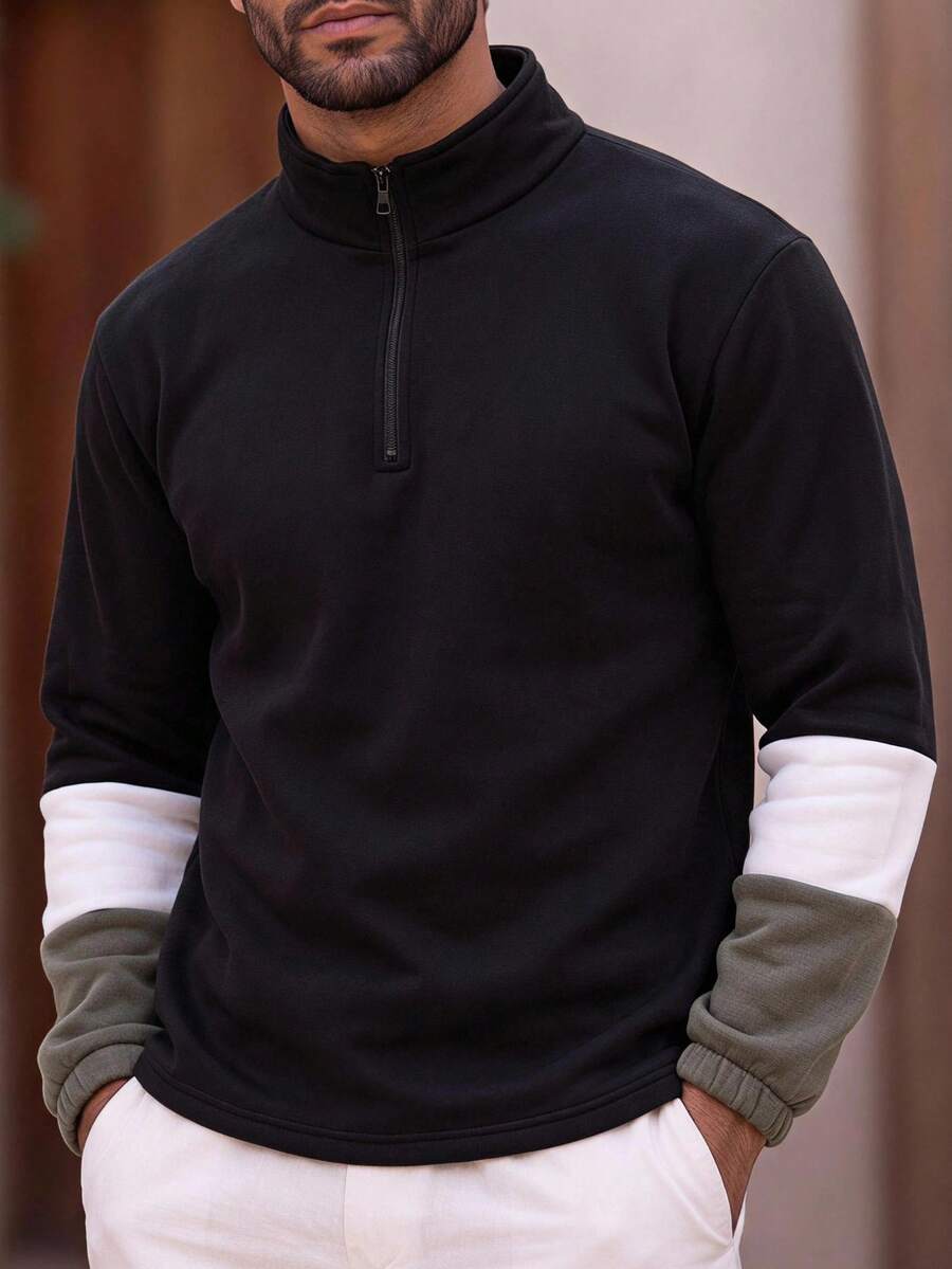 Men's Zipper Half-Placket Striped Colorblock Long Sleeve Sweatshirt - Black - View 1
