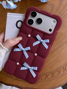 Ốp lưng điện thoại Creative Premium 3D nơ ngọc trai hình lưới mây màu đỏ cherry, tương thích với iPhone 18 Pro Max 18 Pro 17 Pro Max 16 Pro Max 15 Pro Max 14 Pro Max 13, thời trang, chống sốc, mềm, chống rơi, bảo vệ - Đỏ anh đào - Xem 3