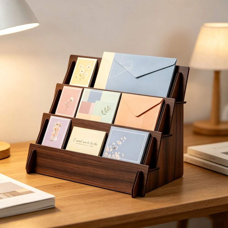 1pc Wooden Jewelry Display Stand Card Tiered Storage Rack Office Display Shelf Wooden Greeting Card Storage Rack - Mocha Brown - View 1