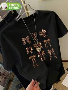 100% Cotton Women's T-Shirt, Coffee Color Short Sleeve Round Neck Top, Spring/Summer - Black - View 6