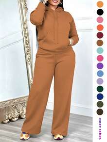 Women's Casual 2 Pieces Set Solid Color Elegant Long Sleeve Hooded Drawstring Pocket Sweatshirt And Straight Leg Pants Set, Lightweight And Soft, Suitable For Spring, Summer And Autumn - Coffee Brown - View 4