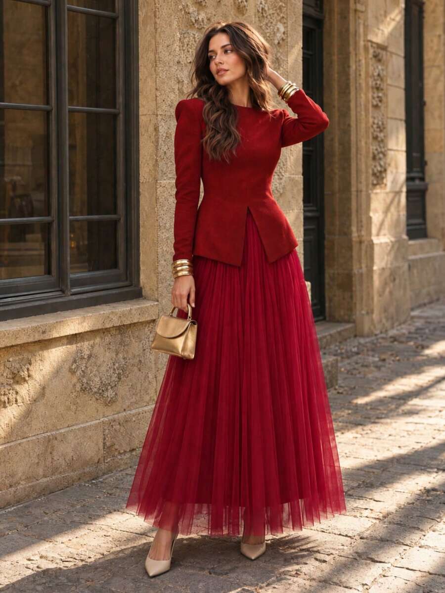 LuminousWealth Women's 2026 Autumn/Winter Elegant Pleated Mesh A-Line Skirt, Mid-Length Skirt, Suitable For Casual Or Office Wear, Minimalist And Elegant | Polyester Mesh Skirt, Suitable For All Seasons, Daily, Party, Women's Halloween Costume, Christmas - Burgundy - View 1