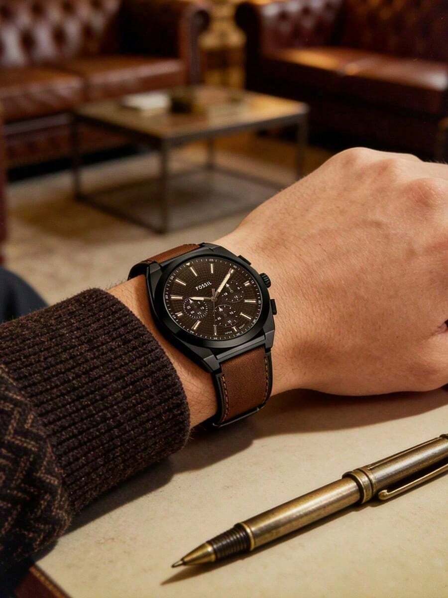 Men's Fossil FS6108 Leather Waterproof Casual Sports Chronograph Watch, Suitable For Daily Commute Or As A Gift For Friends - Brown - View 1