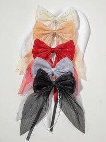 10/5/1pc Girls Mesh Rhinestone Bow Hair Clip With Pearl Chain And Ribbon, Fairy Style Princess Hair Accessory For Back Of Head, Daily Wear, Autumn/Winter, Coffee/Black - Multicolor - View 3