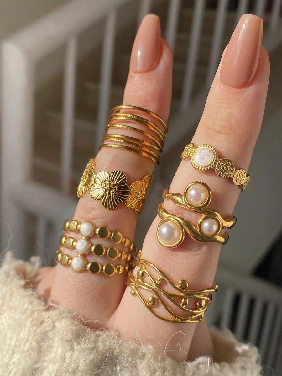 6pcs Fashion Minimalist Elegant Floral Oil Drop Faux Pearl Ring Set For ...