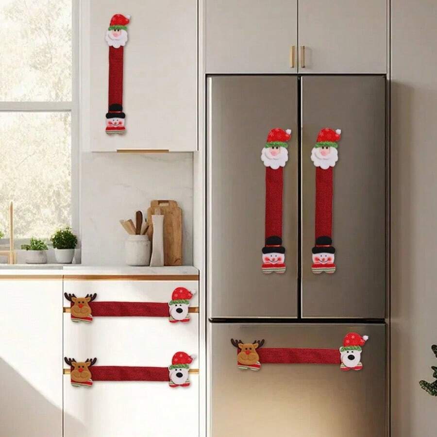 4pcs/Set Christmas Refrigerator Handle Covers, Santa Claus Snowman Reindeer Kitchen Door Handle Protectors, Microwave Cabinet Drawer Pull Handle Covers, Christmas Kitchen Decor For Refrigerator Oven Handles - Handle Cover - View 1