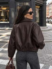 Women's Oversized Faux Leather Zip-Up Jacket Drop Shoulder Belted Bomber Coat Black - Brown - View 2
