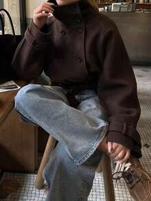 Jaket Wol Campuran Model Pendek Berpotongan Pas Badan dengan Kerah Tinggi dan Kancing Ganda Warna Polos untuk Musim Gugur/Dingin, Mantel Komuter Vintage Inggris - Coffee Brown - View 4