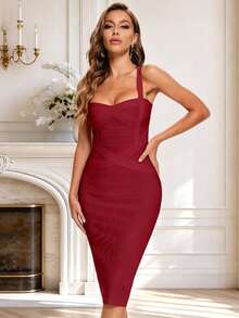 Women's New Sexy Spaghetti Strap Elastic Sleeveless Bandage Midi Dress - Burgundy - View 7