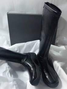 女款厚底防水台街頭風靴子，新款秋季騎士長靴，中筒靴，棕色復古短靴 - 黑色 - 查看 2