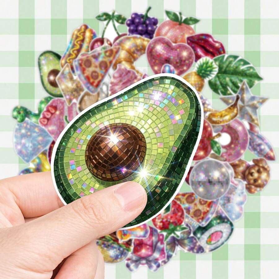 50pcs Y2K Shiny Disco Mirror Ball Stickers, Glitter Fruit Snack Cute Pet Party Stickers, Suitable For Bullet Journal, Gift Wrapping And Scrapbook Decoration - one-size - View 1