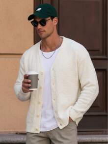 Men's 2-Way Wearable Lazy Textured Knitted-Like Knit V-Neck Button Cardigan Long Sleeve Sweater Jacket, Autumn/Winter - Beige - View 1