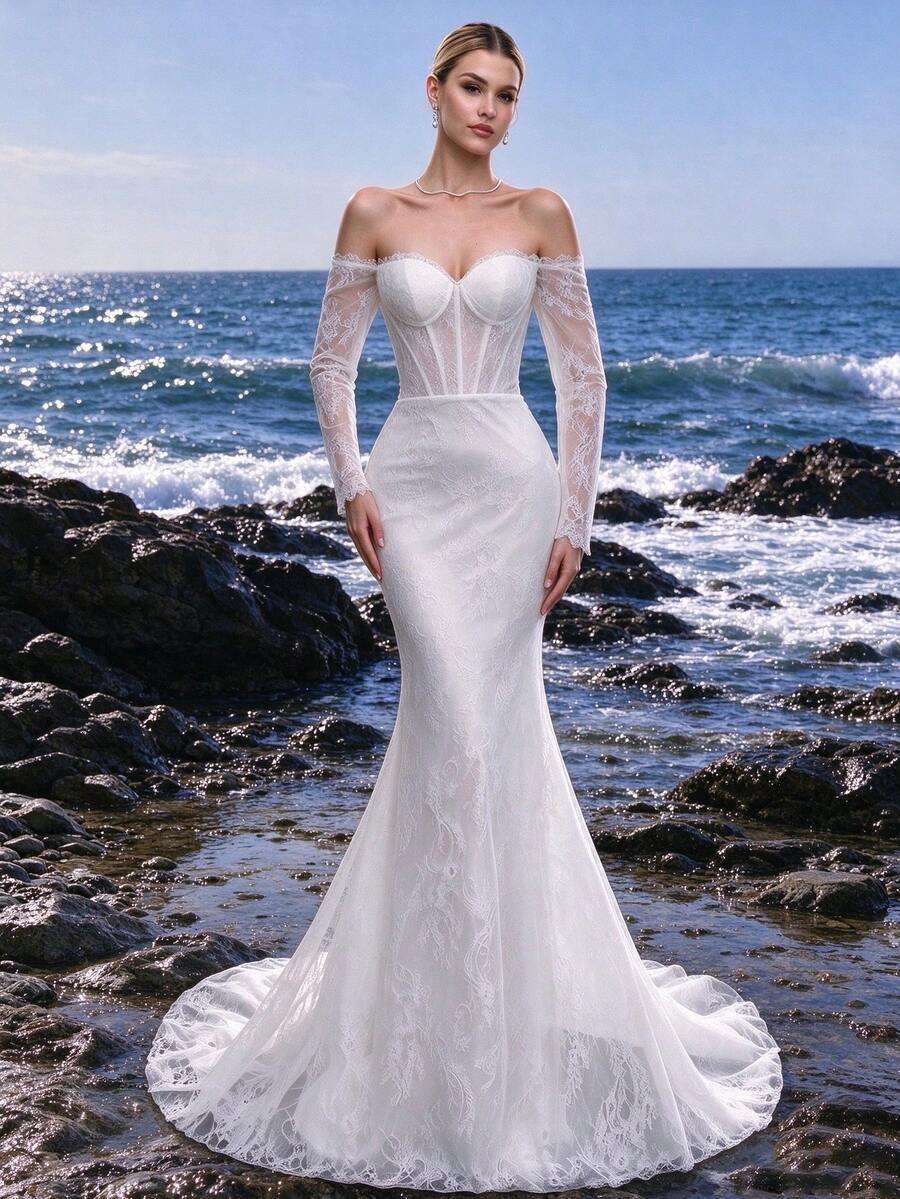 純色露肩蕾絲長袖修身魚尾裙擺婚紗 春季白色秋季