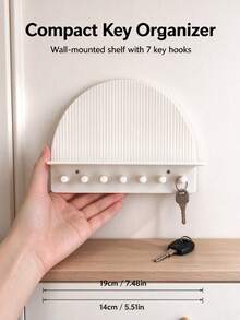 2pcs Semi-Circular Vertical Stripe Wall-Mounted Storage Rack With 7 Hooks, Top Platform For Small Potted Plants, Aromatherapy, Hanging Keys, Masks, Entryway Wall Organizer, Black + White Optional - Black - View 8