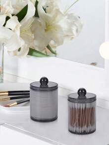 Cotton Swab/Floss Pick Storage Dispenser Box 10oz Black Plastic Apothecary Style Jar Set Bathroom Storage Organizer Vanity Makeup Organizer - A - View 3