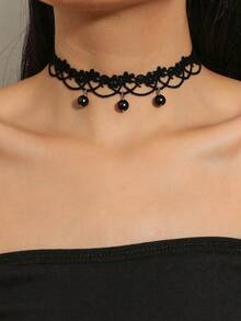 Dark Style Hollow Lace Choker Necklace With Vintage Bronze Frame, Red Rhinestone Teardrop And Black Pendant - Multicolor - View 14