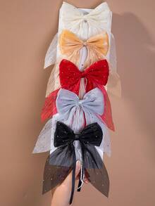 10/5/1pc Girls Mesh Rhinestone Bow Hair Clip With Pearl Chain And Ribbon, Fairy Style Princess Hair Accessory For Back Of Head, Daily Wear, Autumn/Winter, Coffee/Black - Multicolor - View 2