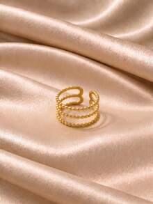 3pcs European & American Style Vintage Gold-Plated Open Ring Set, Minimalist Multi-Layer Round Bead Wave Pattern Leaf Hollow Finger Rings, Women's Daily Versatile Stackable Hand Jewelry - Gold - View 8