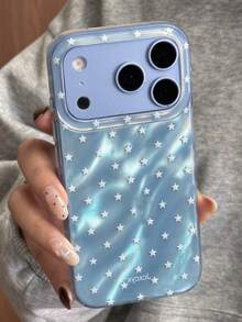 時尚可愛亮面亮片星星不對稱水波紋紋理手機殼，適用於 iPhone 18 Pro Max 17 Pro Max 16 15 Pro Max 13 14 Pro 14 15 16 Plus 17 13 15 16，防震亮面後蓋保護殼 - 藍星星 - 查看 1