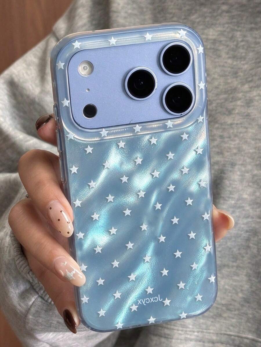 時尚可愛亮面亮片星星不對稱水波紋紋理手機殼,適用於 iPhone 18 Pro Max 17 Pro Max 16 15 Pro Max 13 14 Pro 14 15 16 Plus 17 13 15 16,防震亮面後蓋保護殼 - 藍星星 - 查看 1