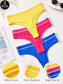 3pcs Women G-String Sexy Thongs Soft Underpants Solid Color Panty Simple Lingerie - Multicolor - View 2