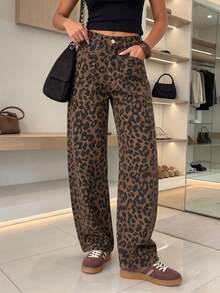 Celana Jeans Wanita Kasual Motif Leopard Potongan Lurus Model Pendek dengan Detail Kancing, Pakaian Wajib untuk Musim Gugur - MultiWarna - View 8