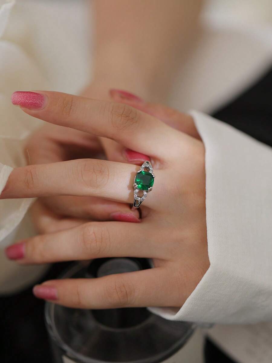 Nooxian 1pc Women's Copper Zirconia Emerald Square Gemstone Ring, Luxury Vintage Hollow Design Ring, Gift Accessory - Silver - View 1