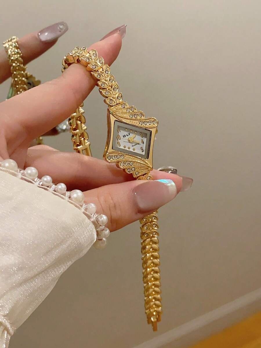 1件復古金色女款手錶 白色錶盤 鑲鑽裝飾 小麥紋錶帶 極簡混合刻度設計 適合日常佩戴與派對 - 金色 - 查看 1