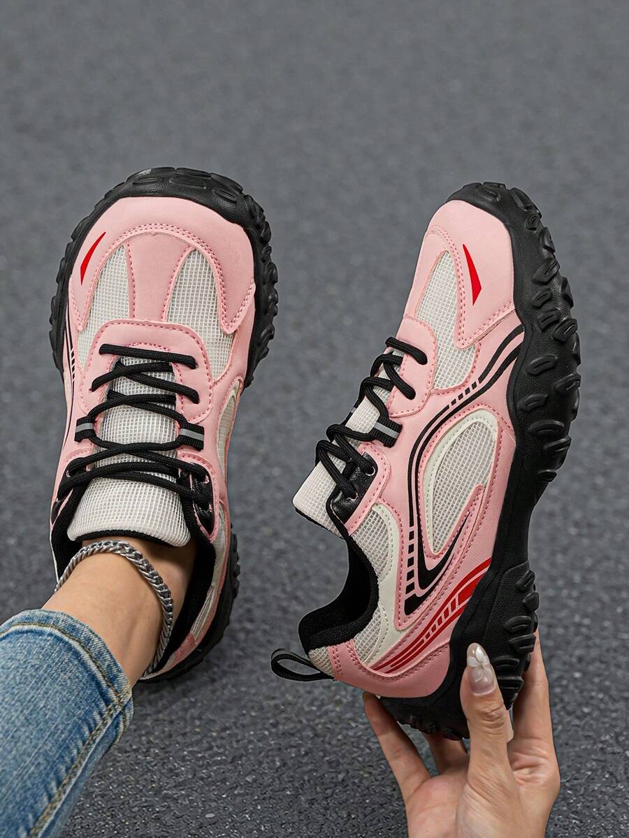 Giày thể thao nữ phong cách retro đế dày phối lưới hỗ trợ vòm chân, giày sneaker thường ngày nhẹ thoải mái đa năng đi làm đi chơi - Hồng - Xem 1