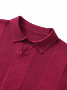 Burgundy Vertical Ribbed Knit Polo Men's Autumn/Winter Smart Casual Lapel Commute Long Sleeve Airplane Collar Knit Top Christmas Style - Burgundy - View 11