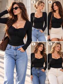 Women's Solid Color Lace Patchwork Ribbed Knit Long Sleeve T-Shirt, Autumn/Winter Casual Base Layer Top, Black Soft Comfortable Bow Top - Black - View 4