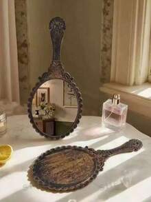 1pc Vintage Pattern Mirror, Large Makeup Mirror, Suitable For Home, Bedroom, Office, Handheld Mirror, Portable Vanity Mirror - Multicolor - View 3