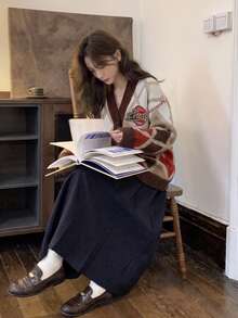 Women's Autumn/Winter V-Neck Diamond Check Single-Breasted Casual Cardigan Jacket - Brown - View 10
