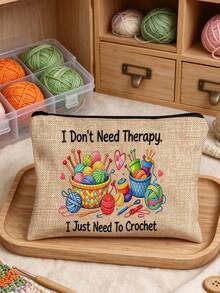 Knitting-Themed Craft Bag Suitable For Yarn, Needles & Cosmetics Storage - Beige With Yarn & Knitting Needles, Spacious For Crochet Hobbyists, Portable For, Travel, Small Items Carrier - Multicolor - View 4