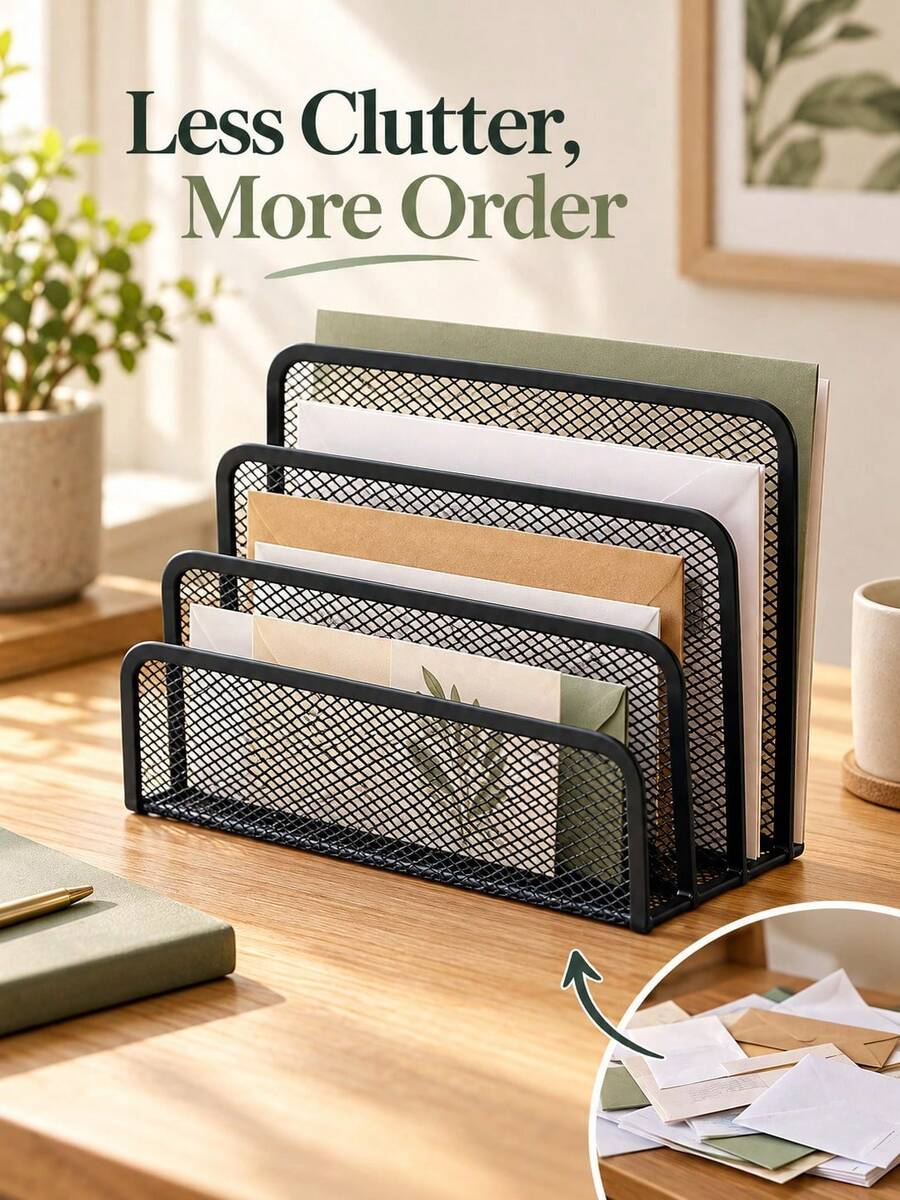 Metal Mesh Letter Organizer/Desktop File Holder - Minimalist Black Hollow Letter Design, Suitable For Home Or Office, Combines Storage And Decorative Functions; Ideal As Back To School, Halloween, Christmas Gift Or Party Favor - View 1
