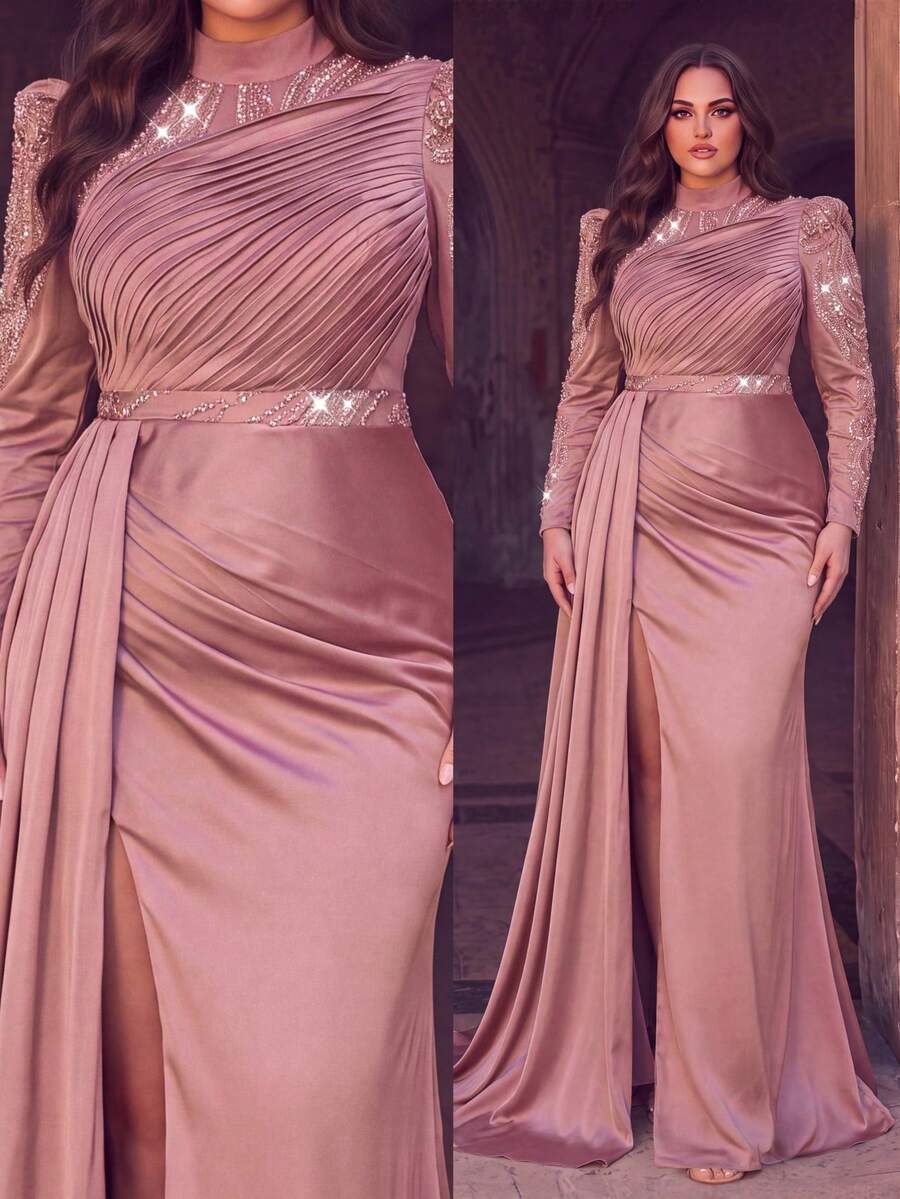 Vestido largo formal elegante de talla grande, mangas largas abullonadas, decoración de lentejuelas, busto fruncido, abertura alta, vestido de noche elegante - Rosa vieja - Ver 1