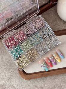 12-Grid High-Quality Flat Back Nail Art Rhinestones, Viral Sparkling 33-Cut Crystal Flat Back Small Round Diamonds For DIY Nail Art - Multicolor - View 3