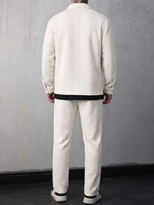 Men's Jacquard Knit 2 Pieces Set, Spring/Autumn Lapel Cardigan Jacket & Casual Long Pants, Loose Textured Outfit - Apricot - View 2